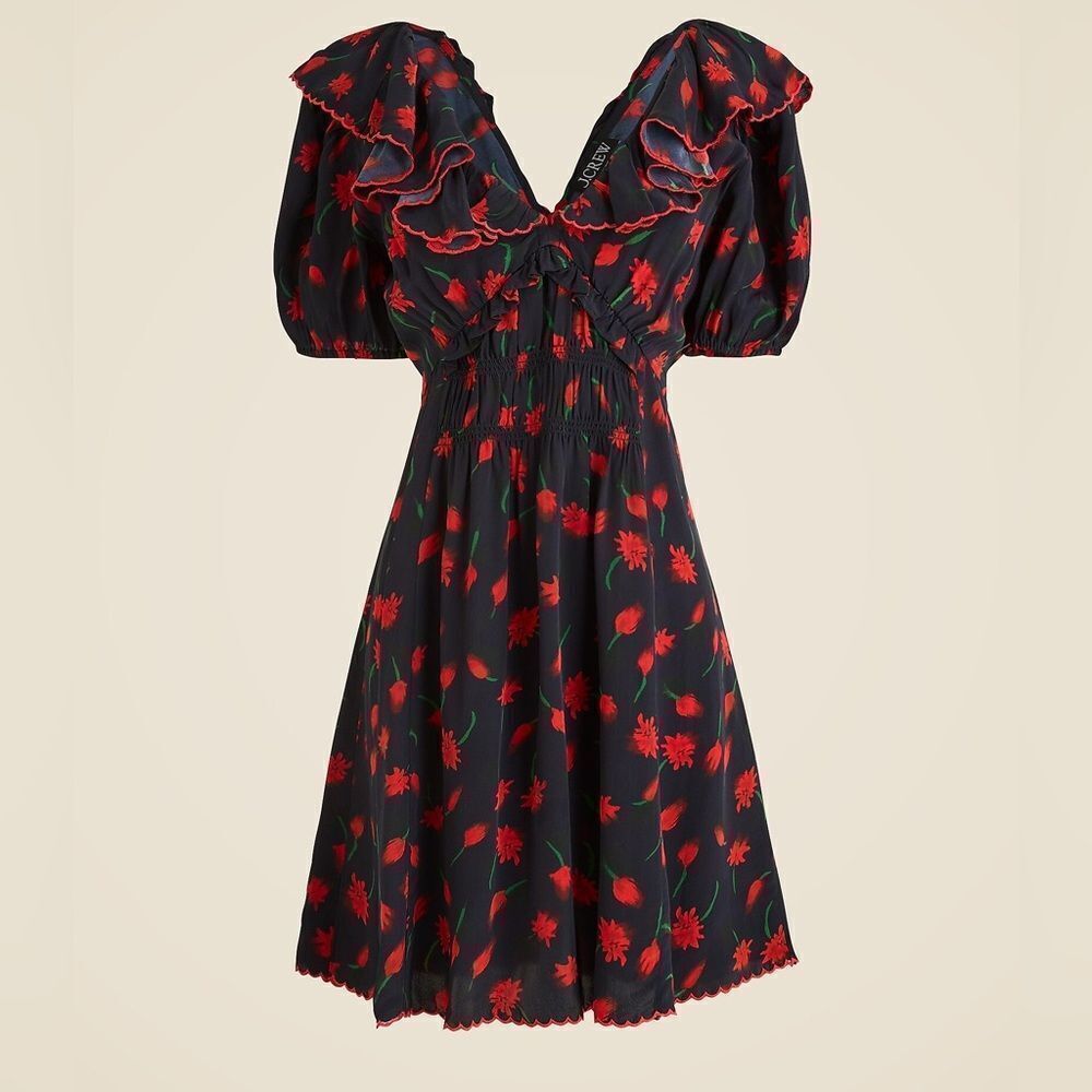 J Crew Ruffle Neck Painted Daisy Mini Dress NWT
